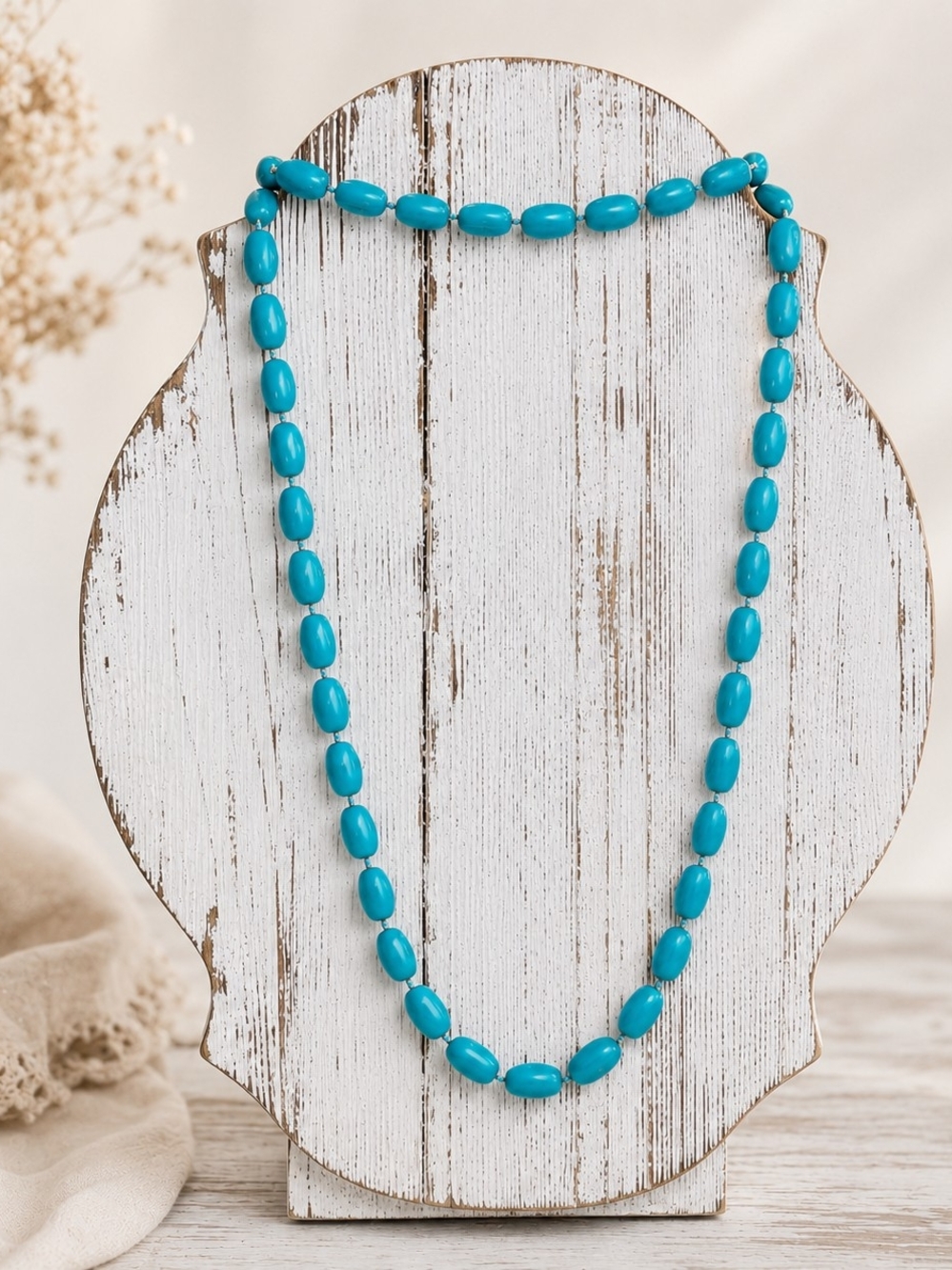 Vintage Turquoise Blue Plastic Bead Necklace Long 46" Boho Southwestern Layering